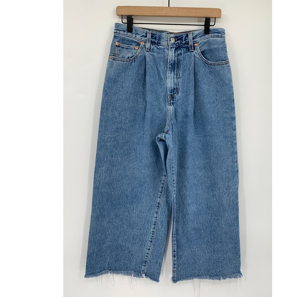 Levis Wide Leg Jeans Womens 30 Blue Ribcage Pleated Crop Raw Hem Denim Pants